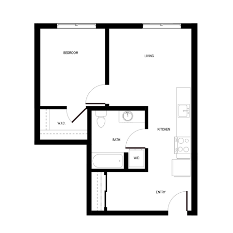 Floor plan for 1 bed, 1 bath, 597 sqft